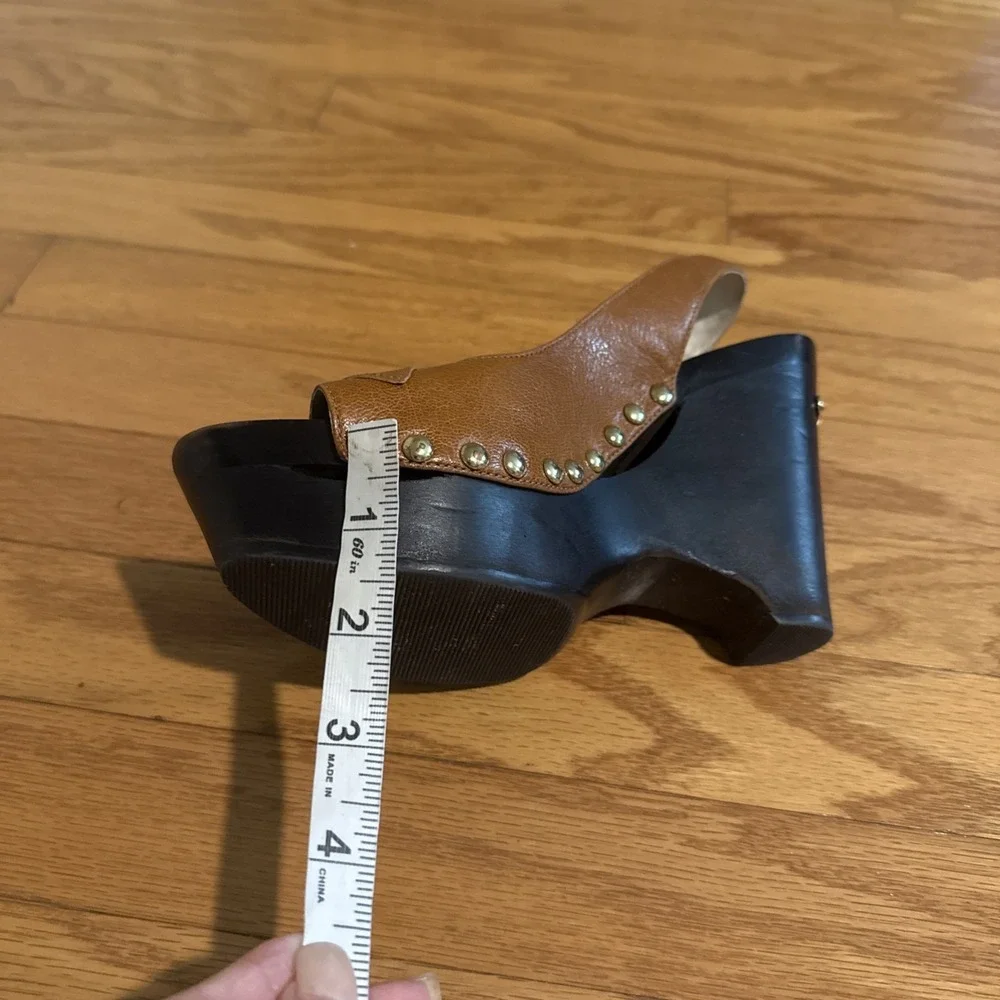 Michael Kors Brown Leather Wedge Slingback Heels Studded Logo Open Toe Sz 8